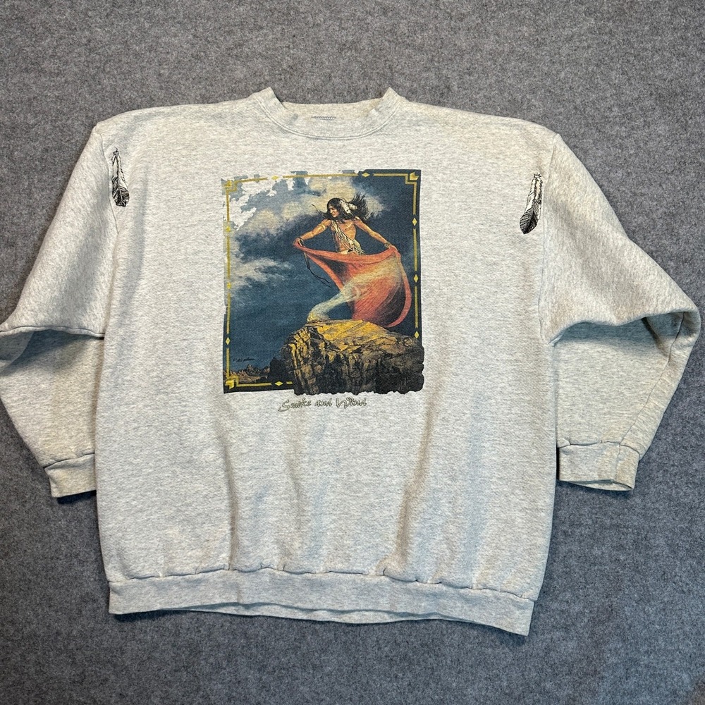 Logo 7 Smoke and‎ Wind Graphic Sweatshirt XL Gray Vintage Native American Art